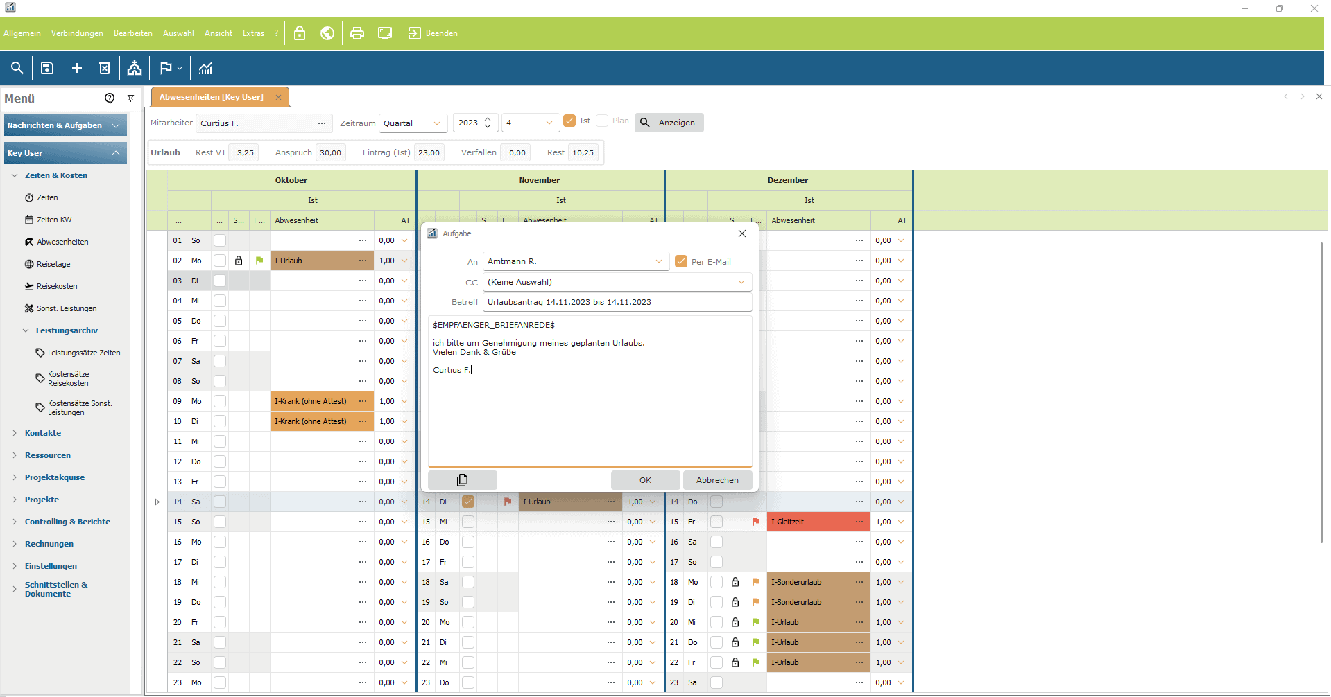Projektzeiterfassung Benutzeroberfläche: Kalender mit Abwesenheiten und Urlaubsantrag