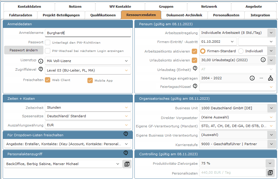 PACS Kontaktverwaltung Benutzeroberfläche: Detailansicht (Ressourcendaten)