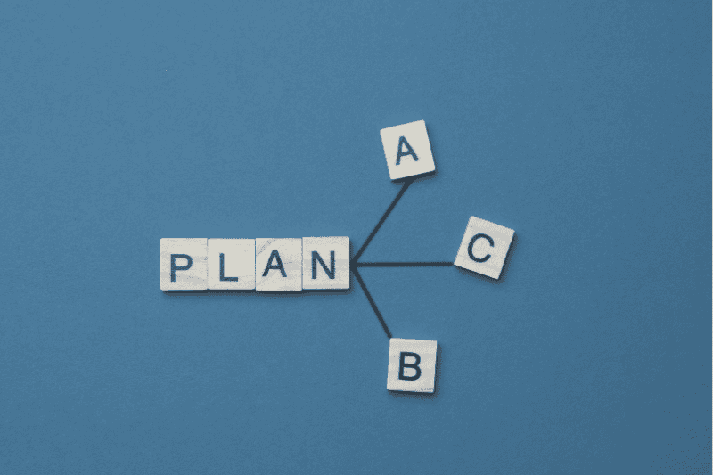 Scrabble-Buchstaben bilden das Wort PLAN mit Verzweigungen zu A, B und C als Symbol für alternative Planungsverläufe