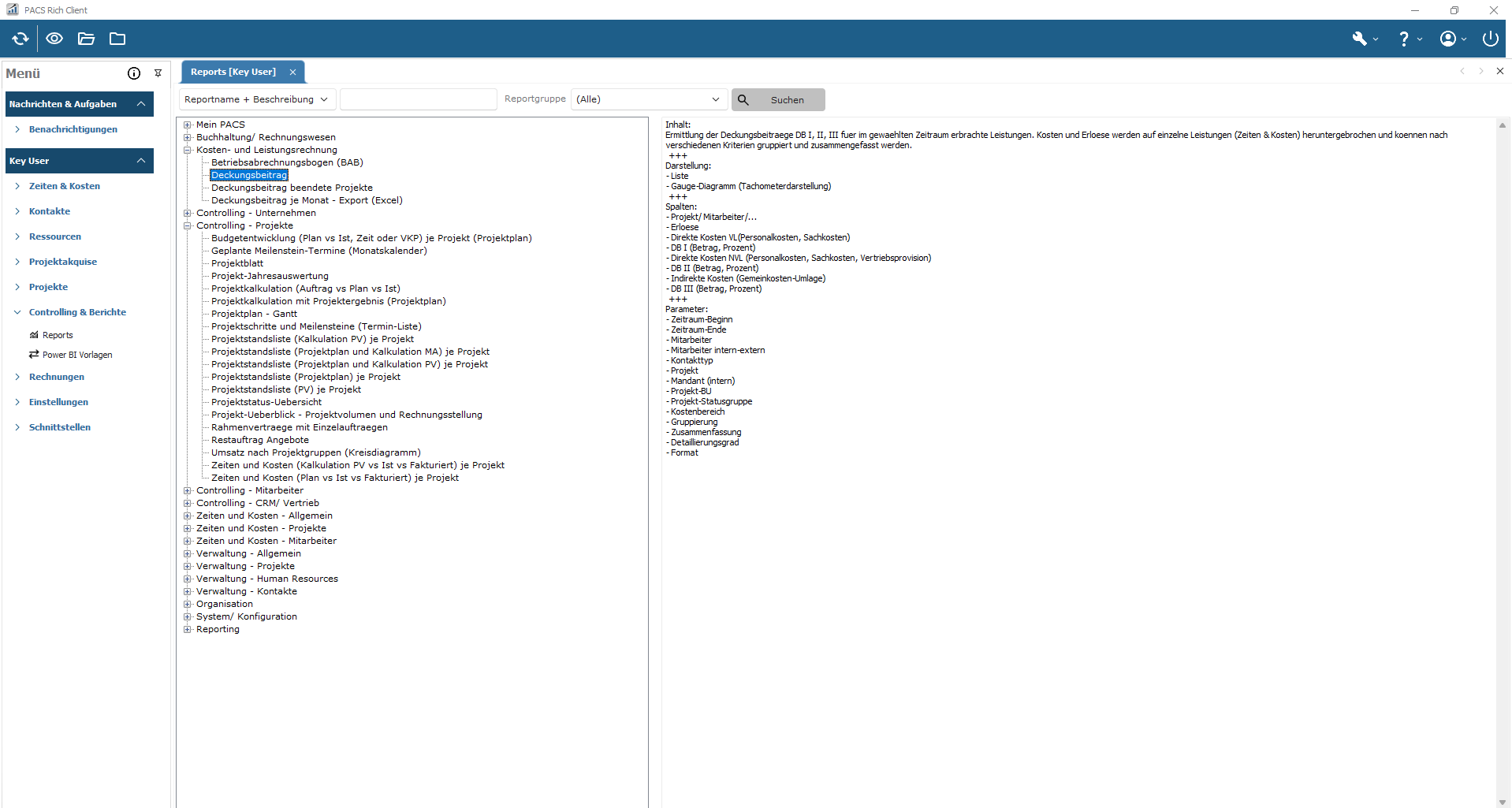 Projektreporting: Übersicht über alle Berichte PACS Rich Client: Reports zu Projekten