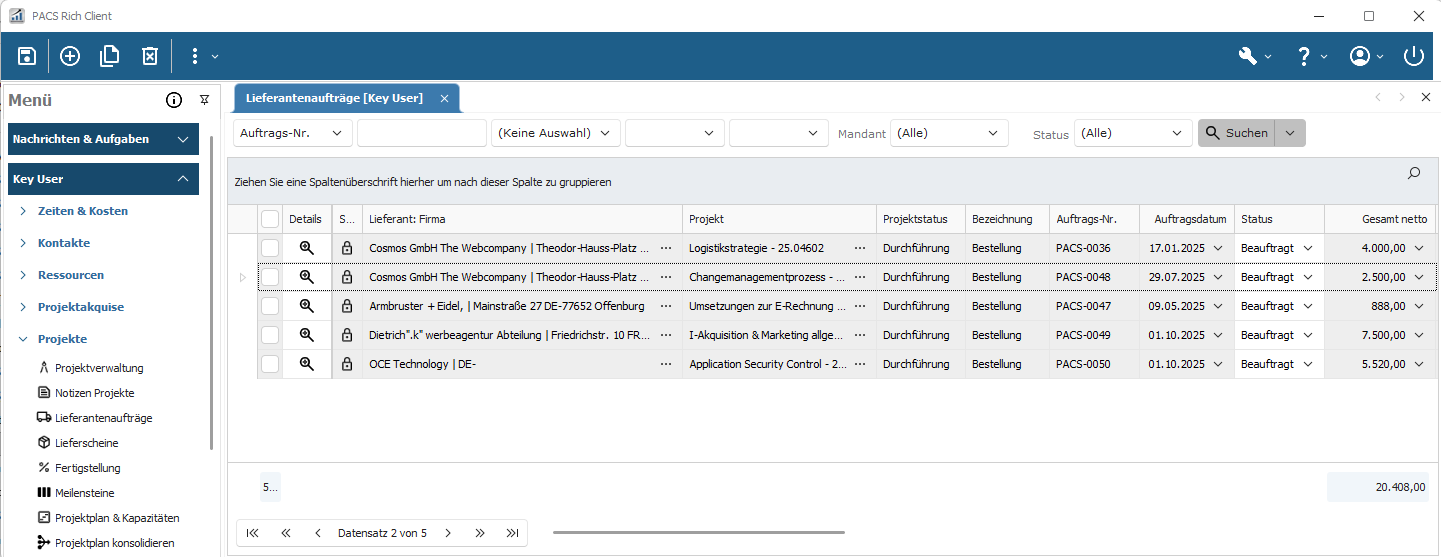 Fremdleistungen buchen und verwalten: Lieferantenaufträge, Eingangsrechnungen und Projektzuordnung in der PACS Software steuern.