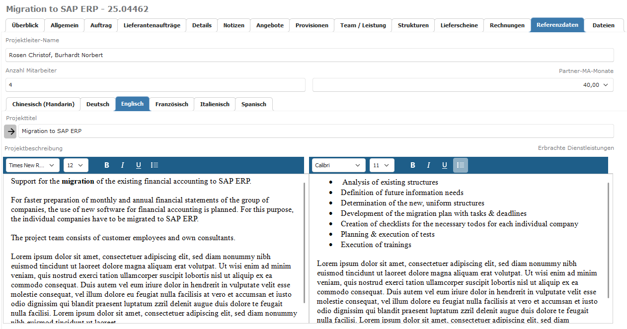 Projektreferenz in Englisch