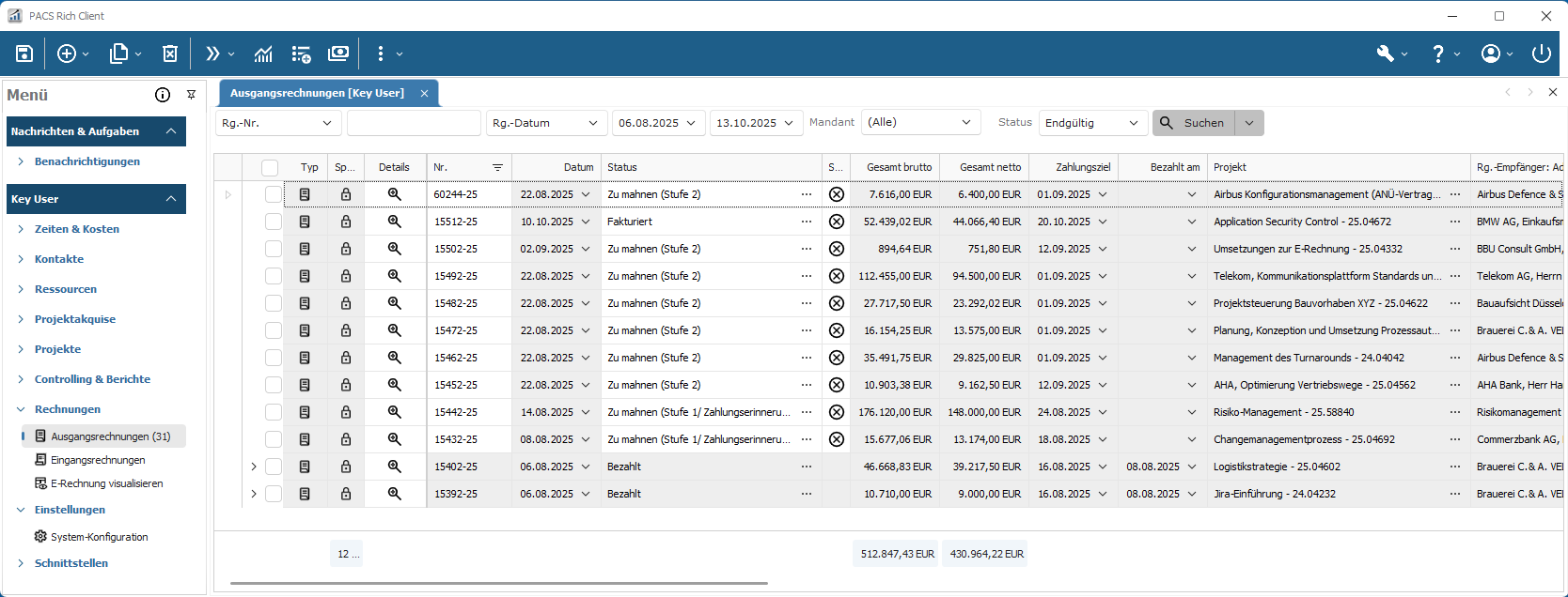 Rich Client - Liste der Ausgangsrechnungen