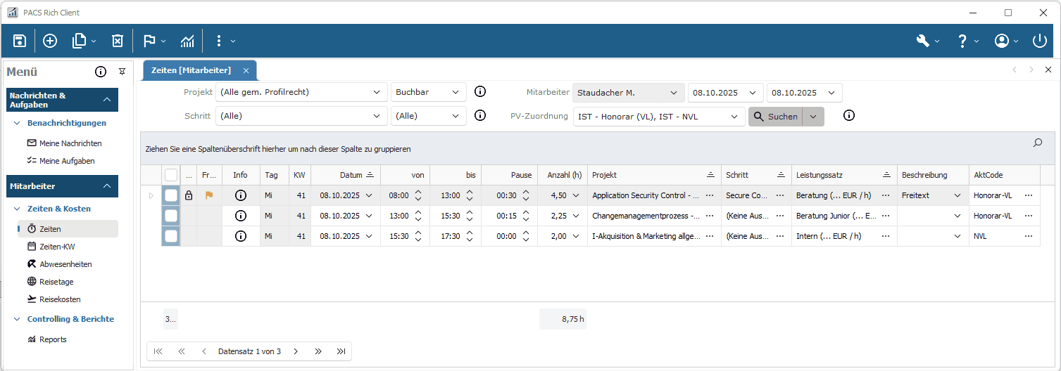 Erfassen Sie Ihre Projektzeiten uhrzeitgenau über ZEITEN (Variante 1) PACS Software - Projektzeiterfassung mit Uhrzeiten