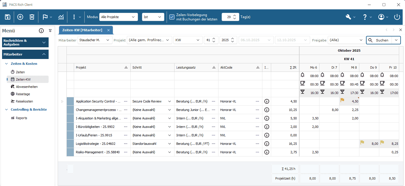 Erfassen Sie Ihre Projektzeiten uhrzeitgenau über ZEITEN-KW (Variante 2) PACS Software - Zeiterfassung mit Uhrzeiten