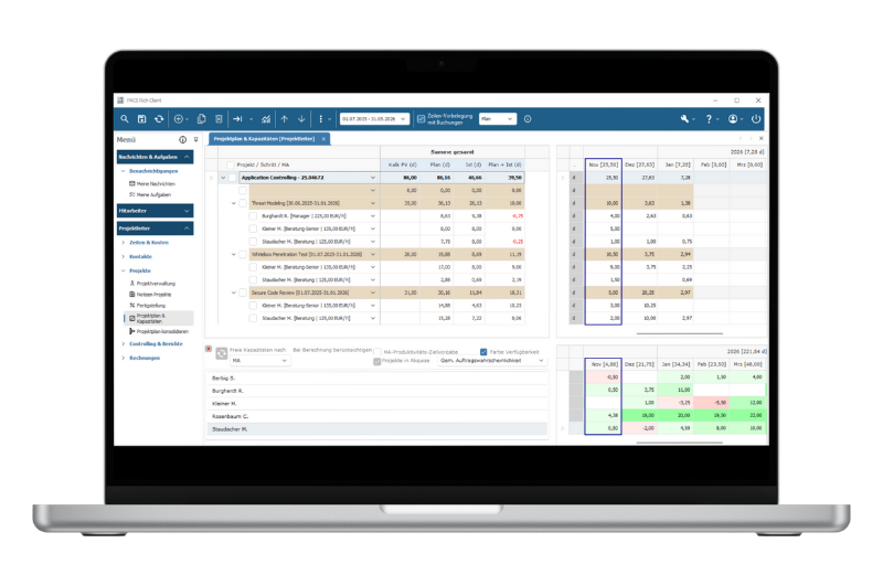 Planen Sie Ihre Projekte und Ressourcen mit PACS PACS Software zur Projektverwaltung und Kapazitätsplanung, die Auslastung, Kosten und Budgets in übersichtlichen Tabellen darstellt.