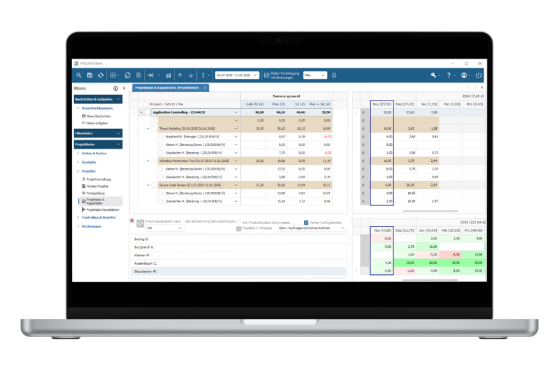 PACS Software: Planen Sie Ihre Projekte und Ressourcen mit PACS PACS Software zur Projektverwaltung und Kapazitätsplanung, die Auslastung, Kosten und Budgets in übersichtlichen Tabellen darstellt.