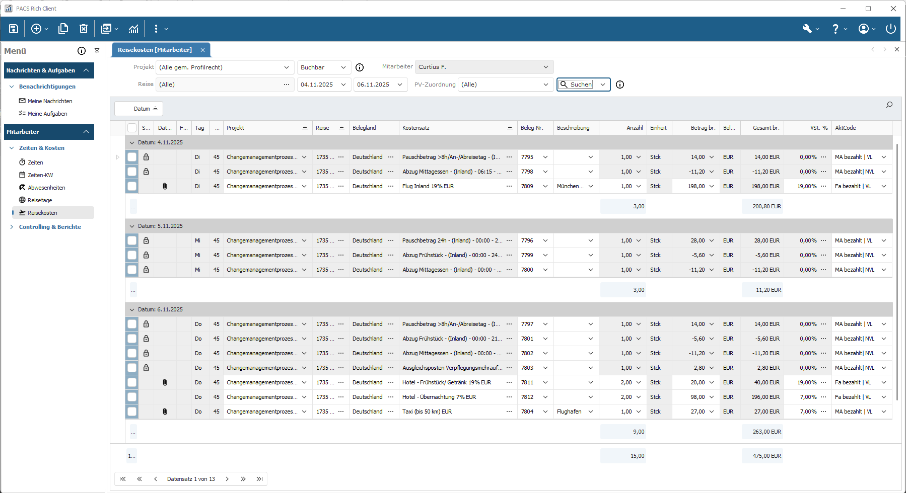 Erfassen Sie Ihre Reisekosten mit der PACS Software PACS Software - Reisekosten erfassen und nach Tagen gruppieren