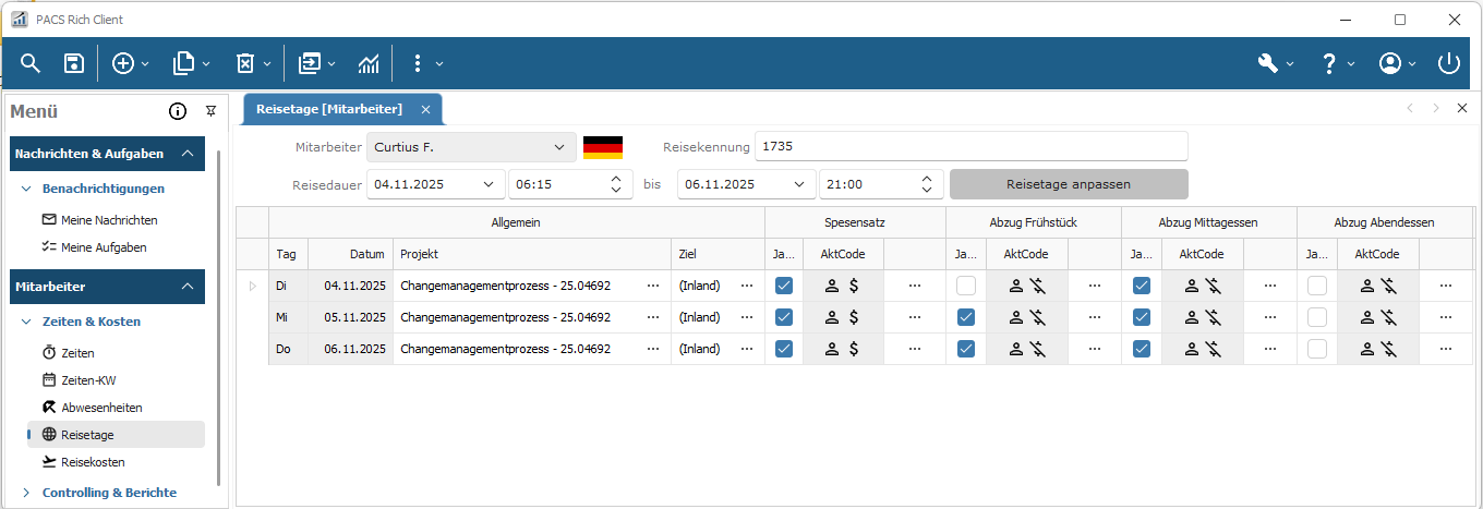Erfassen Sie Ihre Reisetage inkl. Reisekosten in PACS PACS Software - Reisetage mit Reisekosten