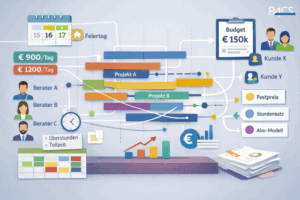 Infografik: Komplexität im Projektcontrolling – Berater, Tagessätze, Feiertage, Budgets und Abrechnungsmodelle in einem System