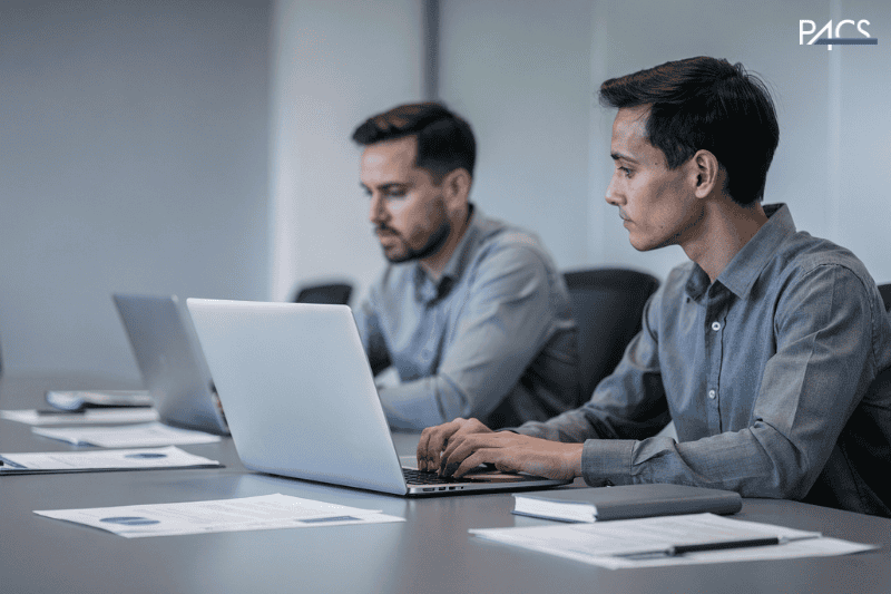 Zwei Kollegen arbeiten gemeinsam an Laptops in einem Besprechungsraum.